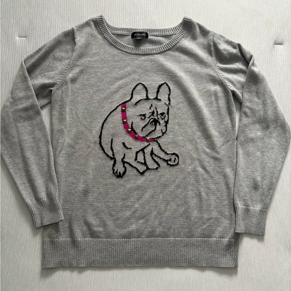 B.Design Gray Sweater with French Bulldog Design